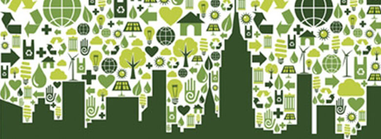 Green cityscape with various green icons behind