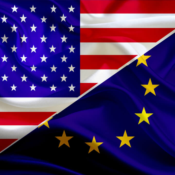 USA And The European Union: US, EU Flag Badges, illustration