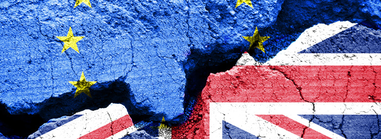 Brexit, Flags of the United Kingdom and the European Union on cracked background