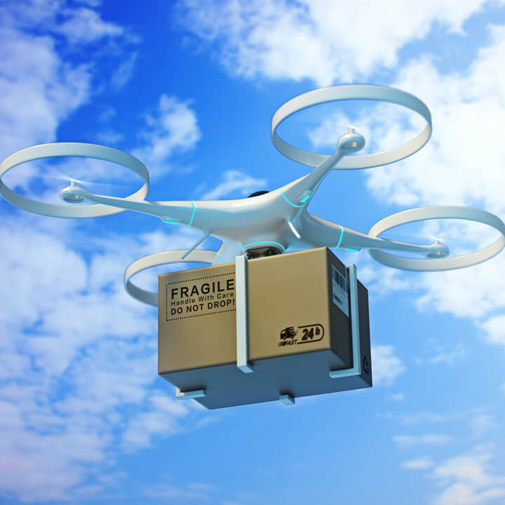 Drones carry express packages in the sky."nPackages are transported in high-tech Settings,online shopping,Concept of automatic logistics management.3d rendering.