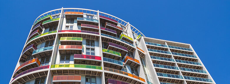 Exterior of modern apartments Meridia Court in Stratford, London