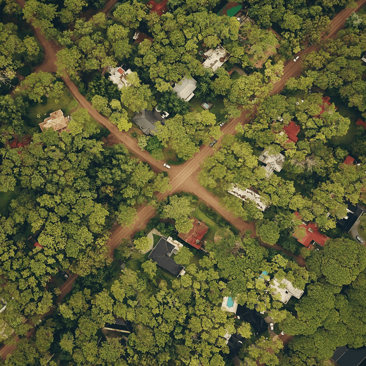 Ariel shot of a building scheme in the woods