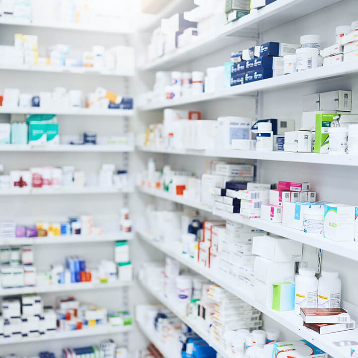 Shot of shelves stocked with various medicinal products in a pharmacy