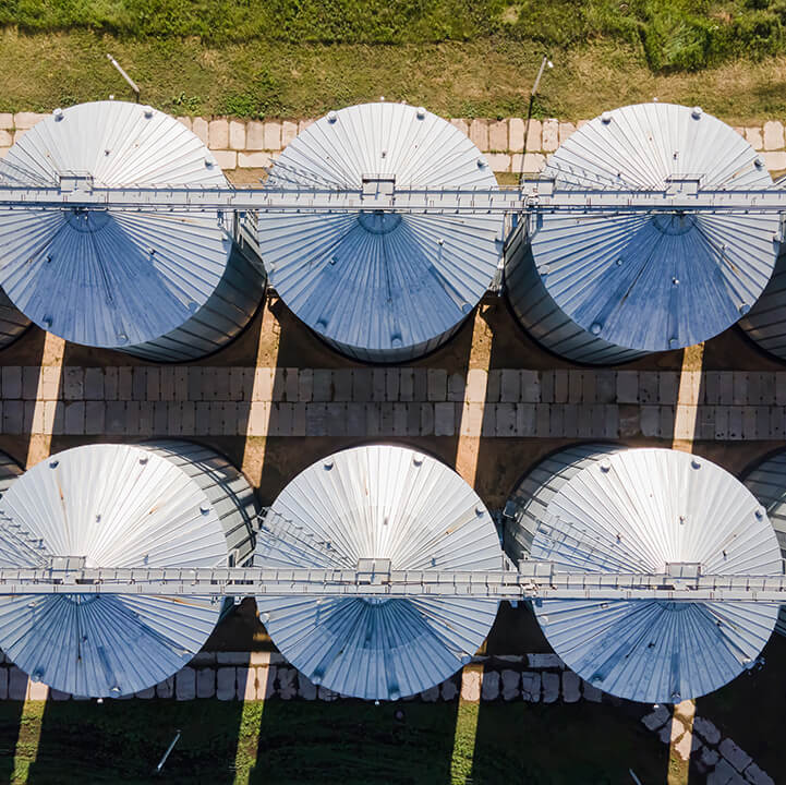 Grain storage in large slots aerial view. Silo with grain