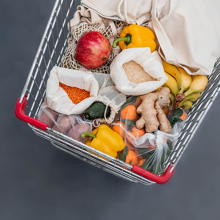 An image of a shopping trolley filled with an array of fresh food. Visual metaphor representing changes relating to precautionary allergen labelling, contained within this post.