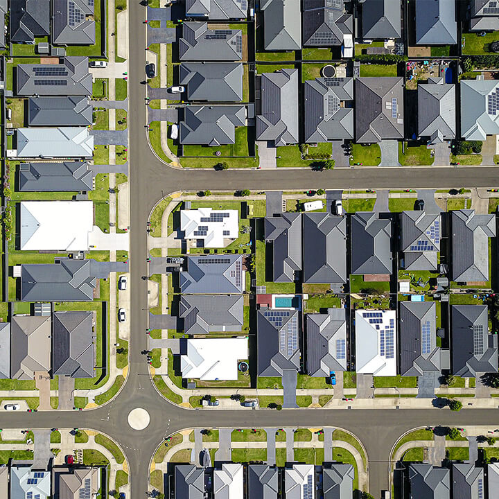 An aerial view of a suburb, a visual metaphor for the topic of this piece, Heat Network Zoning