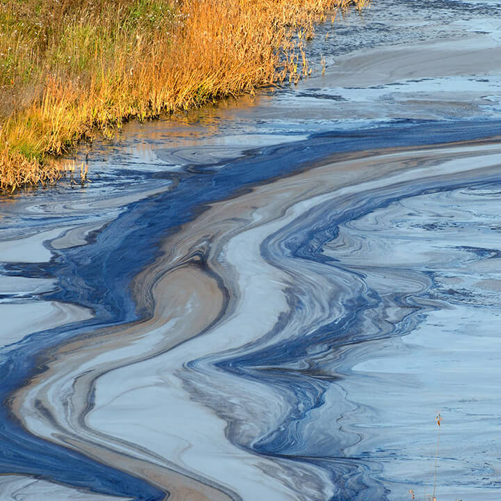 Closeup of an oil slick in water with fall colors in the grass on the shore. A visual metaphor for the topic of this article, water pollution and Construction.