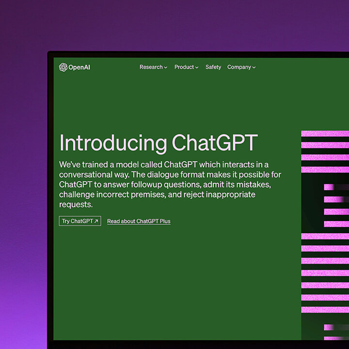 An image of a laptop screen in front of a purple background. On screen is the ChatGPT login screen. A visual metaphor for the topic of this article, technology trends that shaped 2023.