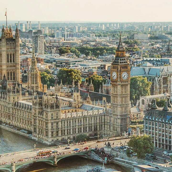 An image of Westminster from the air. A visual metaphor for the topic of this article The King's Speech July 2024 Key Employment Law Takeaways